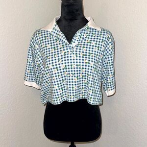 Headliner Cropped Shirt Womens Medium Blue White Gingham Floral Cotton Button-Up